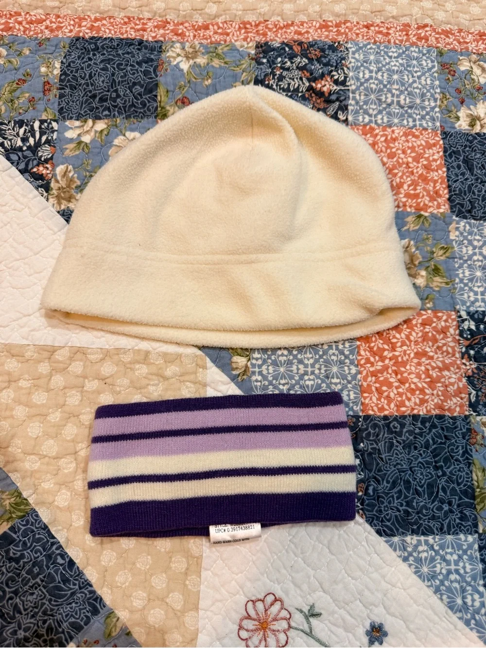 Cream Fleece Beanie and Purple Striped Headband Set - Kids Accessories